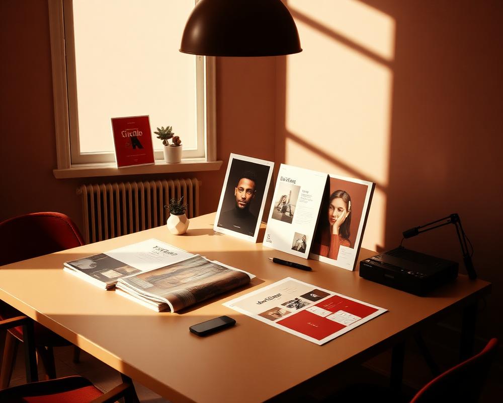 Brand campaign boards laid out in the studio